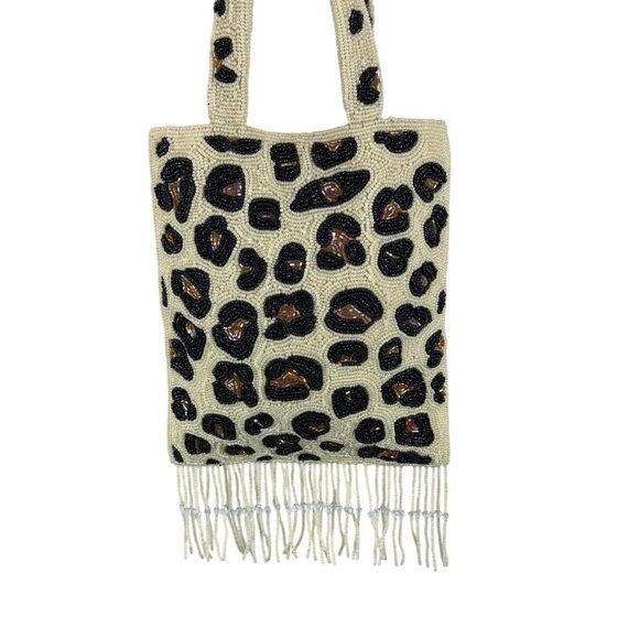 Handcrafted Beaded Leopard Print Double Handles With Fringe Women’s Clutch Sz S - Picture 4 of 8